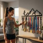 Lézervágott acél futós éremtartó szürke falon, érmekkel felszerelve