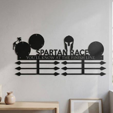 Spartan Race éremtartó Trifectával – matt fekete acél, 75x35 cm, nappaliban falra szerelve