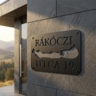 Balatonos alumínium házszámtábla antracit kivitelben, fa kerítésre szerelve, nyaraló bejáratánál