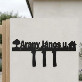 Fém házszám utcanévvel, házikóval és fával, fekete lézervágott 2 mm-es alumínium, Arany János u. 111 felirattal fehér falon