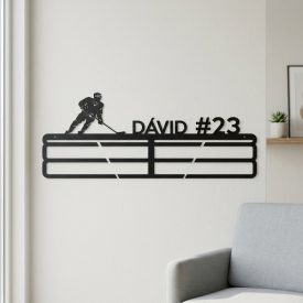 Jégkorong éremtartó névvel és mezszámmal – matt fekete acél, gyerekszoba falán