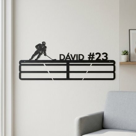 Jégkorong éremtartó névvel és mezszámmal – matt fekete acél, gyerekszoba falán