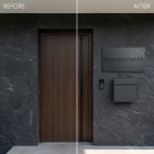 Iroda fala fém cégtábla nélkül és utána, az alumínium tábla felhelyezve