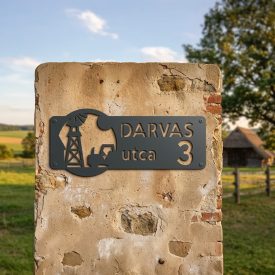 Antracit utcanévtábla farm motívummal – traktor és szélkerék körben, Darvas utca 3 felirattal – régi kőoszlopon, tanya előtt
