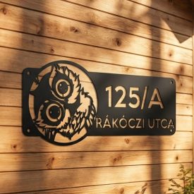 Négyzetes fekete alumínium utcatábla bagoly motívummal, kültéri kapura rögzítve