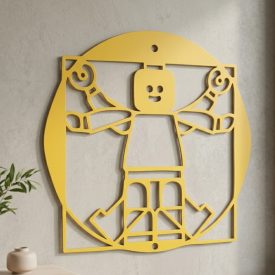 Vitruvius LEGO lézervágott fém fali dekoráció matt fekete acélból, fehér nappali falon