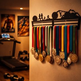 Spartanos családi éremtartó fekete acélból, spártai sisak motívummal a közös sportsikereknek.