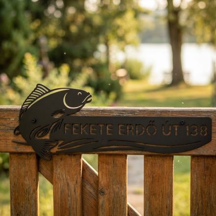 Fekete alumínium házszám tábla kutyaszilhuettel, beton kapuoszlopon rögzítve, modern kertben