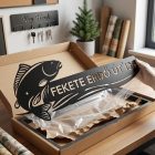 Fém házszám tábla állattal ajándékdobozban, kraft papírba csomagolva, karácsonyfa előtt