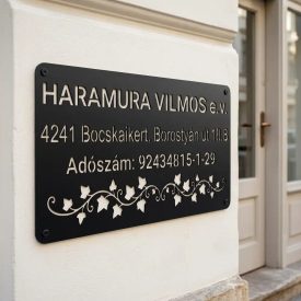 Fekete fém cégtábla adatokkal egy irodaajtó melletti világos falon