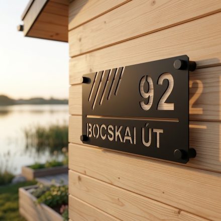 Egyedi alumínium házszámtábla modern, átlós vonalmintával, bejárat mellett felszerelve